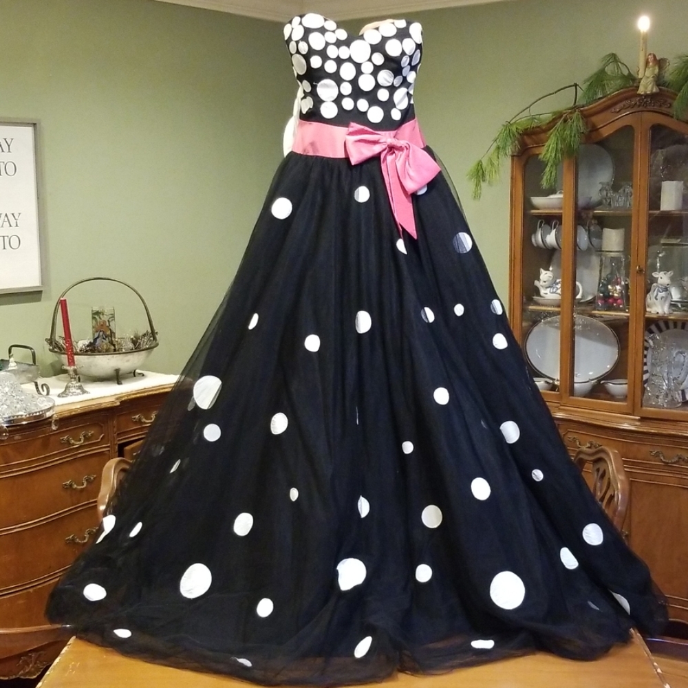 Jovani Black tulle ball gown polka dots pink sash